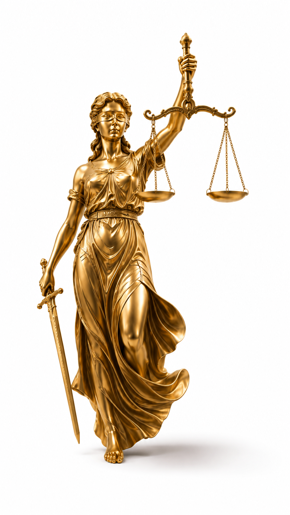 Estátua dourada da deusa da justiça segurando a balança e a espada